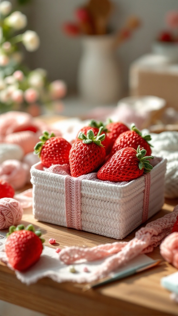 A basket filled with crochet strawberries sitting on a wooden table.