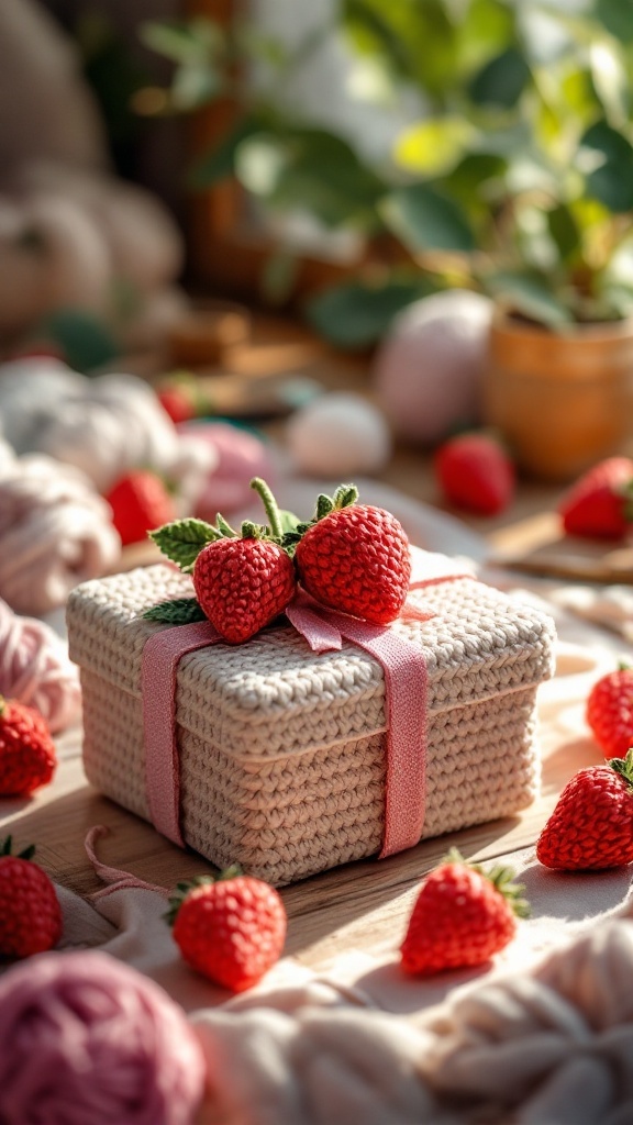 A beautifully crocheted gift box adorned with crochet strawberries, surrounded by yarn and other crochet materials.