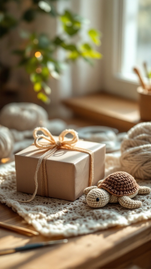 A crochet turtle sitting next to a wrapped gift on a table with yarn and a plant in the background.