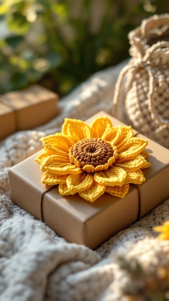 A beautifully wrapped gift box with a crocheted sunflower on top, surrounded by soft textures and greenery.