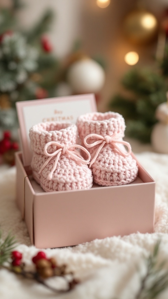 A pair of pink crochet baby booties in a soft box, with festive decorations in the background.