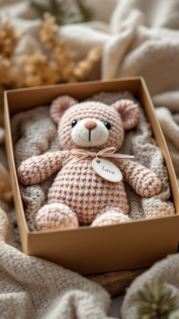 A crochet bear lovey in a gift box with a tag that says 'Love'.