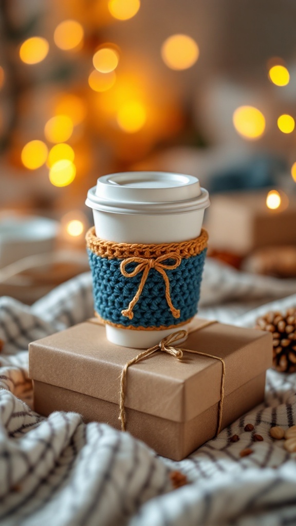 A crochet coffee cup sleeve on a white cup placed on a gift box, with a festive background of lights and cozy elements.