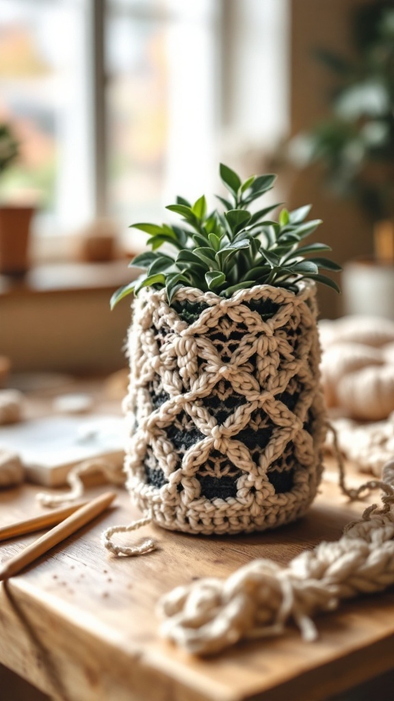 A handmade crochet plant hanger with a green plant inside, placed on a wooden table.