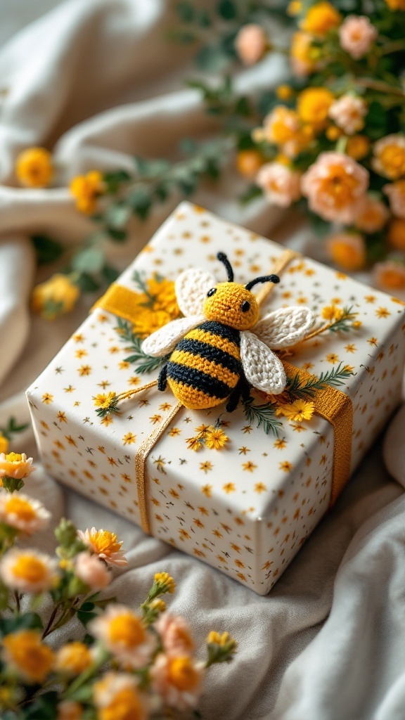 A beautifully wrapped gift with a crochet bee on top, surrounded by blossoms.