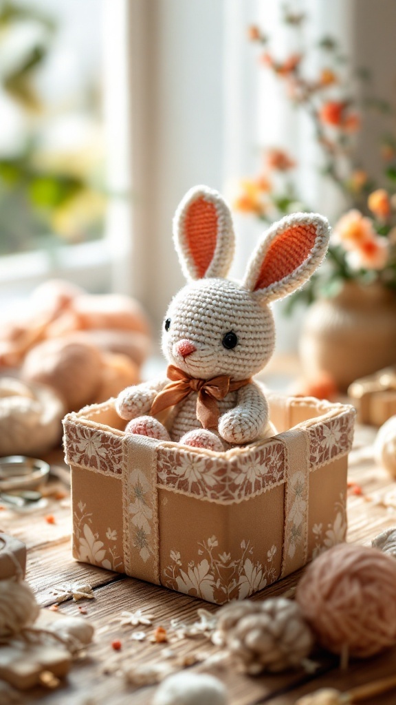 A cute crochet bunny sitting in a decorative box with flowers and yarn in the background.