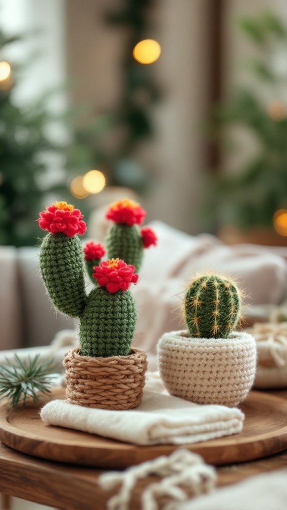 Crochet cacti displayed in decorative pots on a wooden tray, showcasing a warm and inviting arrangement.