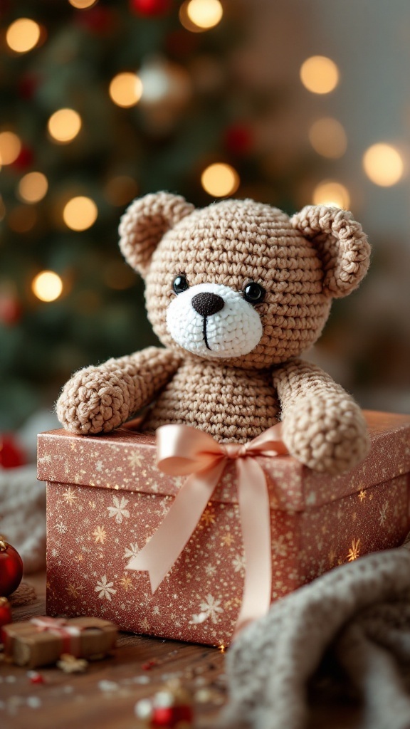 A crochet teddy bear sitting in a beautifully wrapped gift box with a ribbon, surrounded by festive decorations.