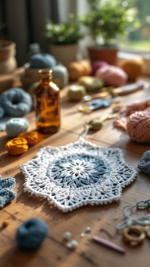 A crochet keyring displayed among colorful yarns and tools on a wooden table.