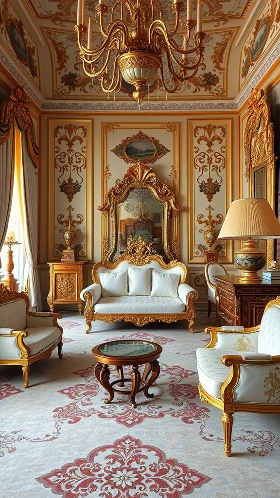 A luxurious bedroom featuring gilded furniture, ornate chandelier, and elegant decor.