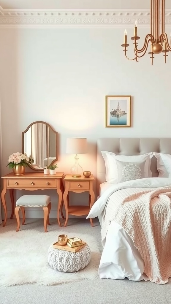 A beautifully decorated bedroom featuring glamorous accent furniture, including a vanity and cozy accessories.