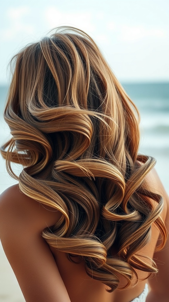 A close-up view of long, flowing hair styled in glamorous beach waves, with sun-kissed highlights, set against a beach background.