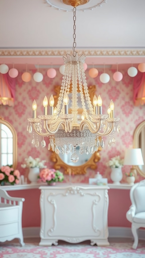A stunning chandelier hanging in a girly room with pink walls and elegant decor.