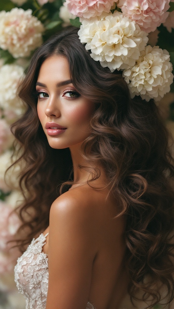 A bride with glamorous curls adorned with hydrangeas, set against a backdrop of soft flowers.