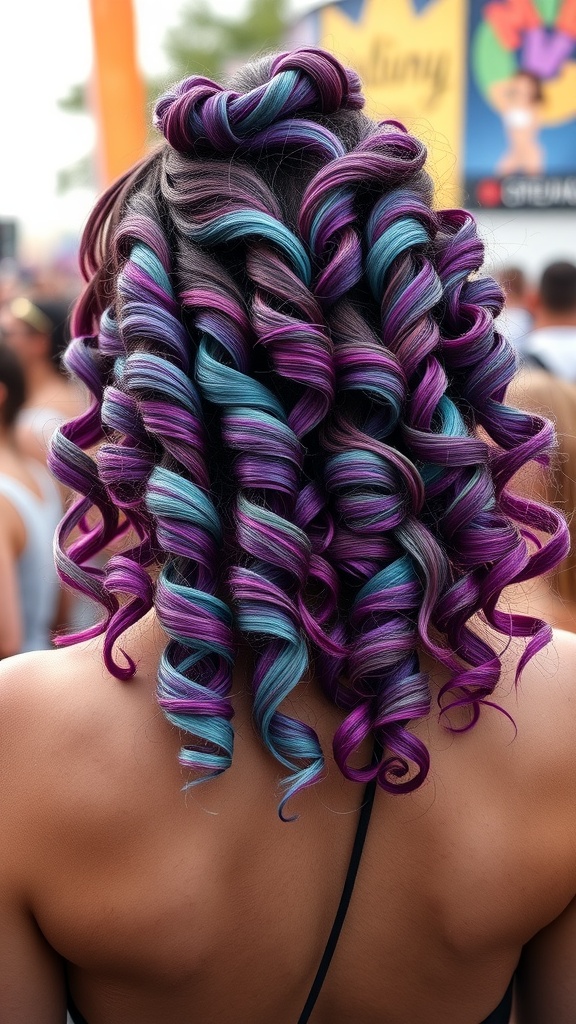 A person with vibrant purple and blue curls, showcasing a festival hairstyle.
