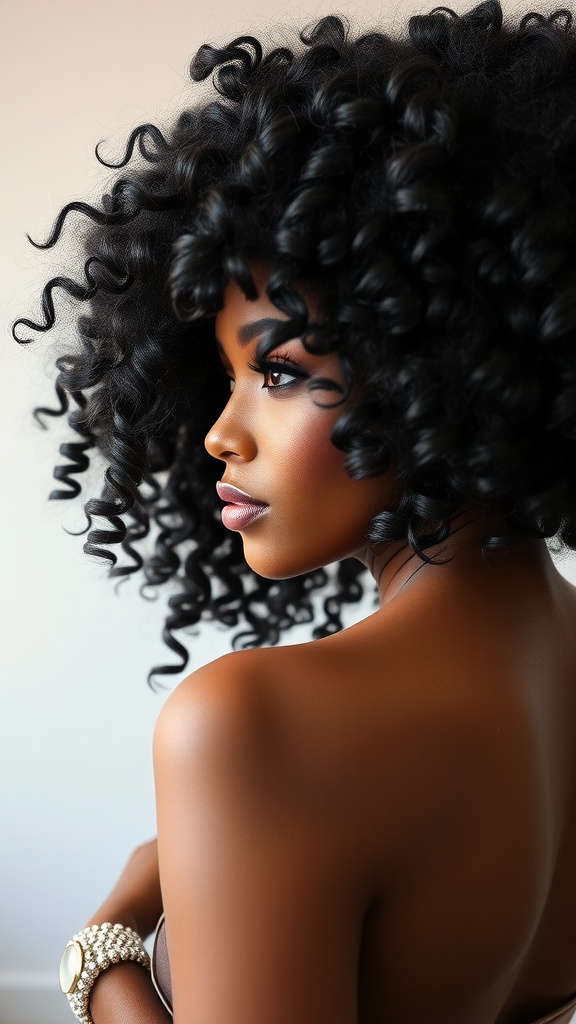 A woman with glamorous curly weave hairstyle, showcasing defined curls and a beautiful profile.