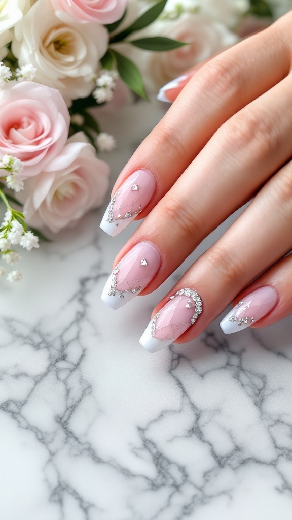 Bridal nails featuring geometric designs with rhinestones.