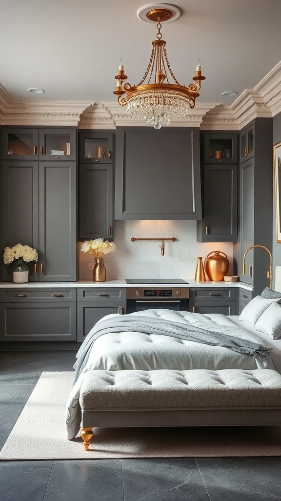 A glamorous grey kitchen featuring gold accents, including a chandelier and decorative items.