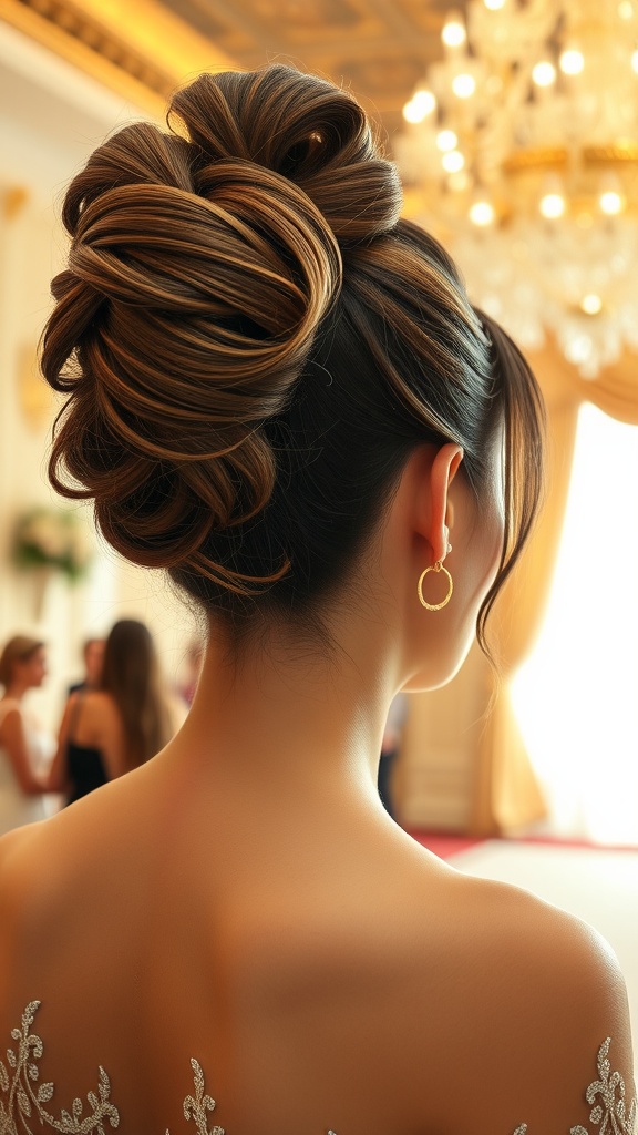 A glamorous high ponytail hairstyle showing elegant curls and volume, suitable for a wedding.