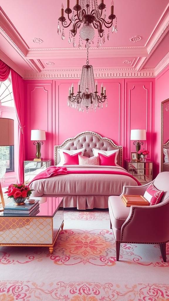 A glamorous pink bedroom featuring a tufted bed, chandelier, and mirrored furniture.