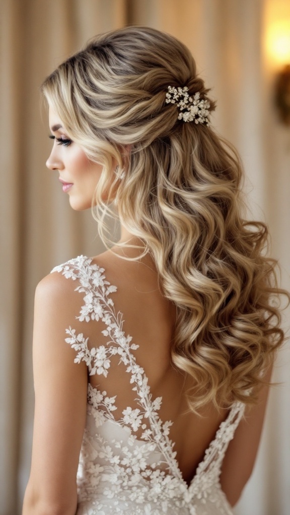 A woman with glamorous Hollywood waves hairstyle, featuring soft curls and a delicate hair accessory, styled elegantly for a wedding.