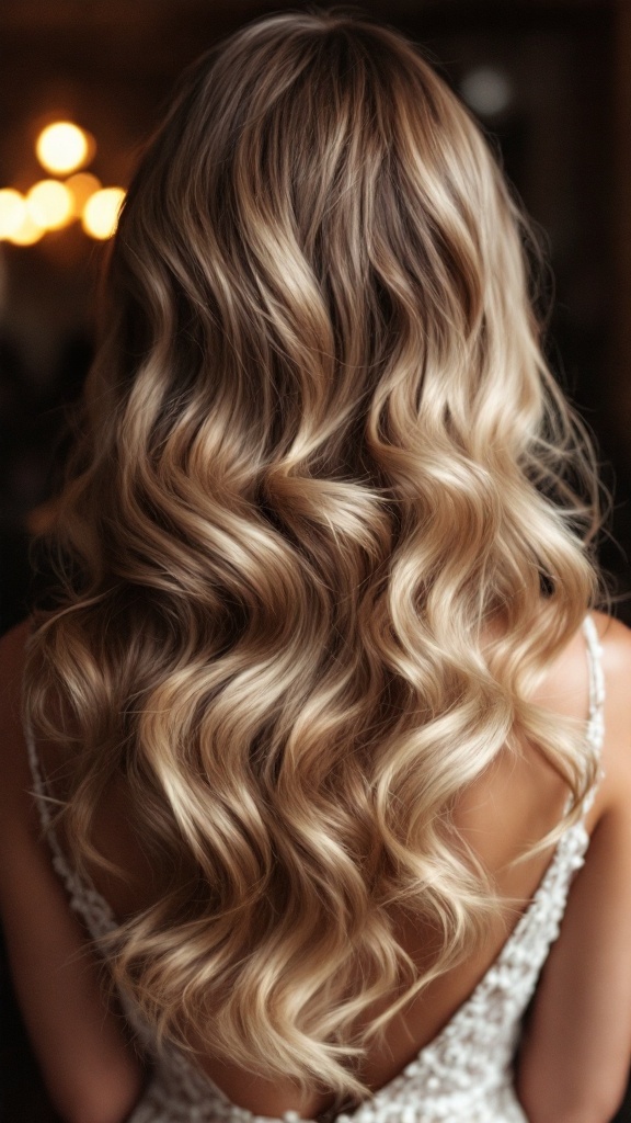 Back view of long, wavy hair styled in glamorous Hollywood waves.