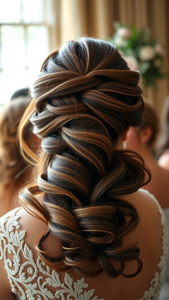 A hairstyle featuring glamorous Hollywood waves, showcasing elegant curls with a beautiful twist, ideal for wedding guests.