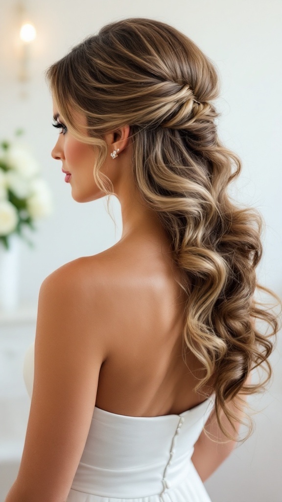A woman with glamorous Hollywood waves hairstyle, showcasing a one shoulder dress.