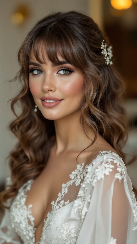 Bride with glamorous Hollywood waves and bangs, wearing a floral hair accessory.