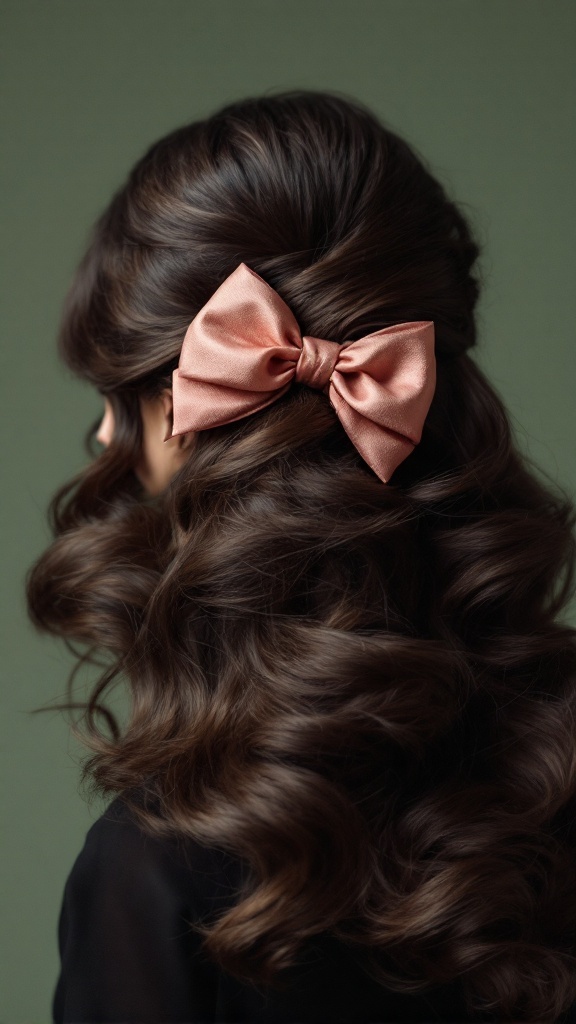 A hairstyle featuring glamorous Hollywood waves complemented with a large satin bow.