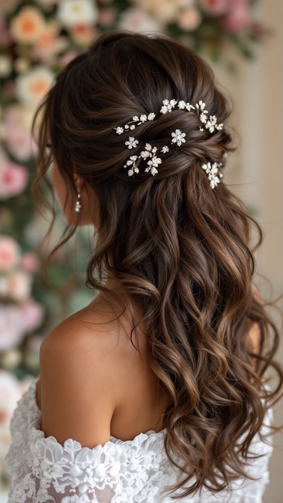 A woman with loose curls styled elegantly with decorative hairpins, showcasing a beautiful hairstyle suitable for Indian weddings.