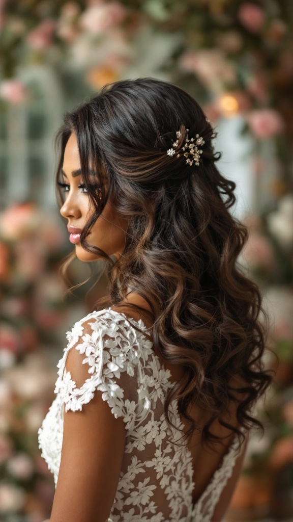 Bridesmaid with glamorous loose waves and a delicate hair accessory, showcasing a romantic hairstyle.