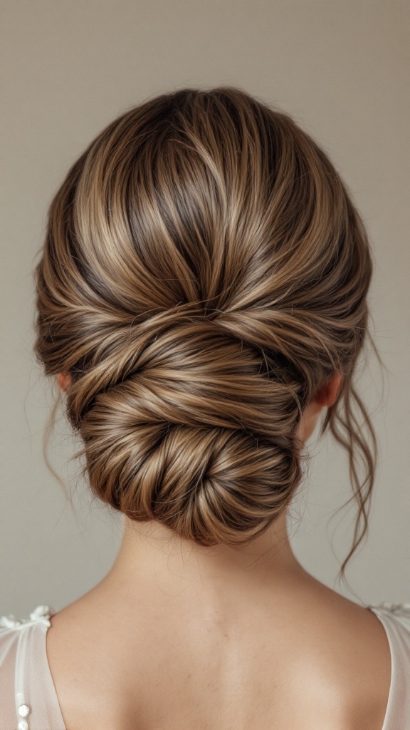 A beautifully styled low bun hairstyle for bridesmaids, featuring soft twists and loose strands.