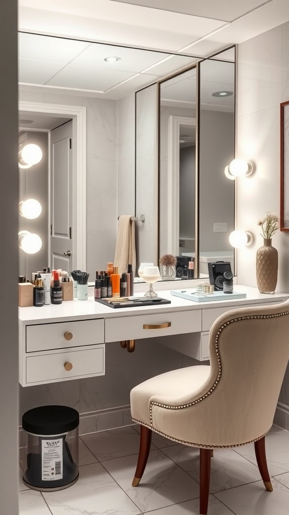 A stylish makeup station featuring a spacious countertop, organized beauty products, and elegant lighting.
