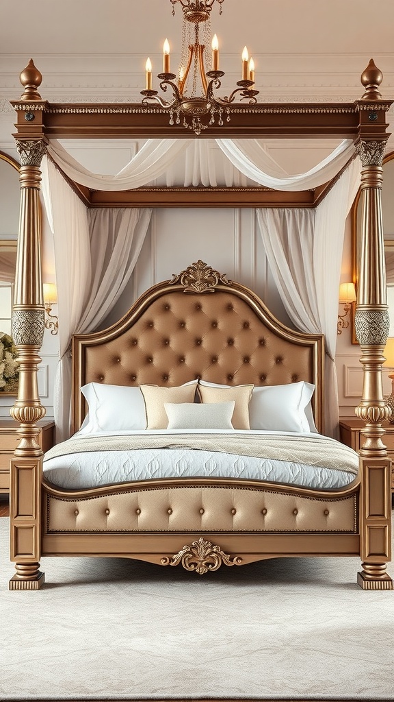 A luxurious four-poster bed with golden accents and a chandelier