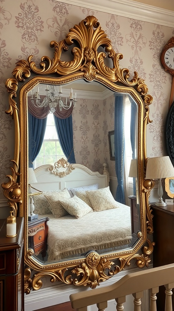 An elegant bedroom featuring a large ornate golden mirror reflecting a plush bed with decorative pillows.