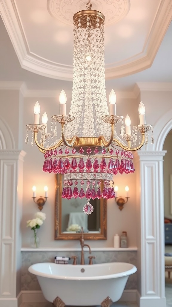 A luxurious pink chandelier with crystal accents in a stylish bathroom