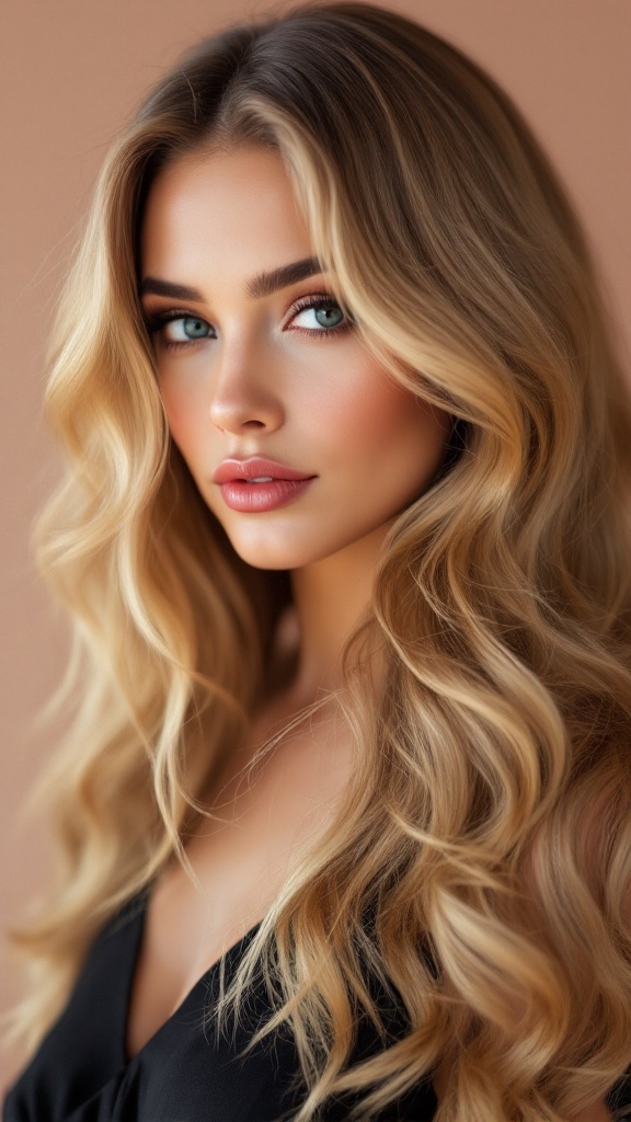 A close-up of a woman with long, wavy layers in medium-length hair, showcasing a glamorous style.