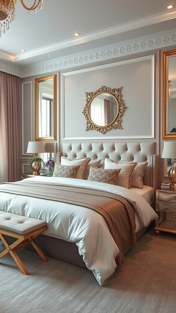 A glamorous teen girl bedroom featuring a plush bed, elegant decor, and stylish lighting.