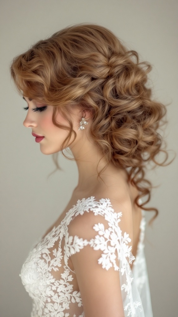 Bride with glamorous retro curls styled in a side part, wearing a lace wedding dress.