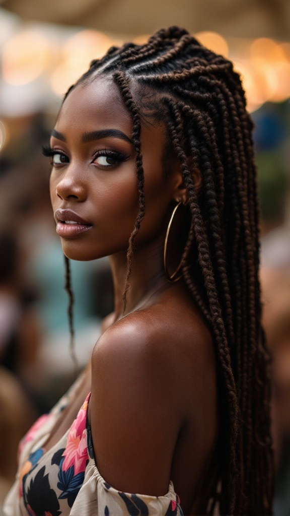 A woman with glamorous Senegalese twists, wearing a floral outfit, showcasing her hair style.