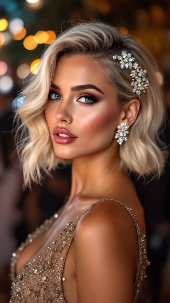 A woman with glamorous side-swept curls, wearing a sparkling dress and elegant jewelry.