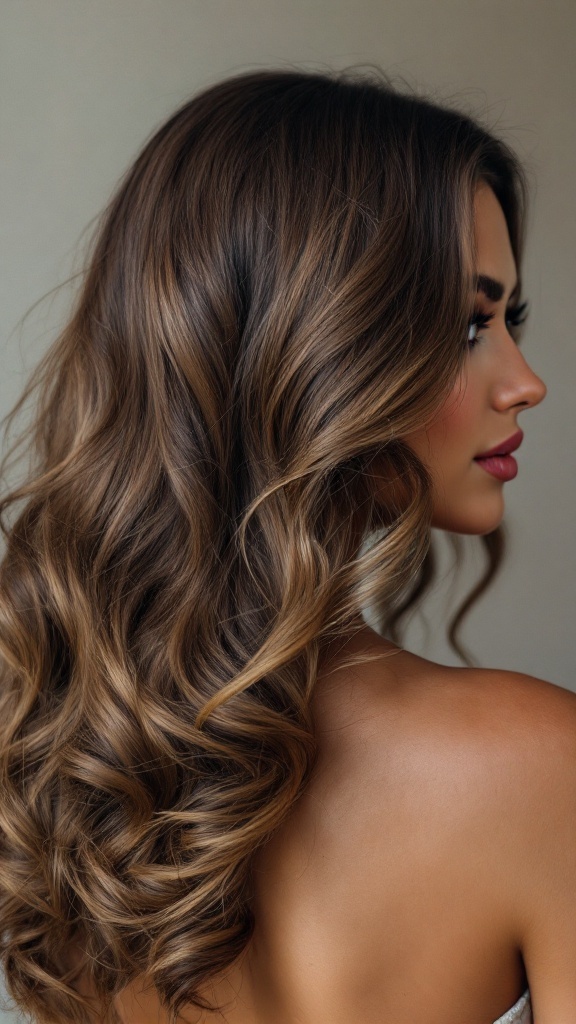 A woman with side-swept, wavy hair showing a glamorous hairstyle.