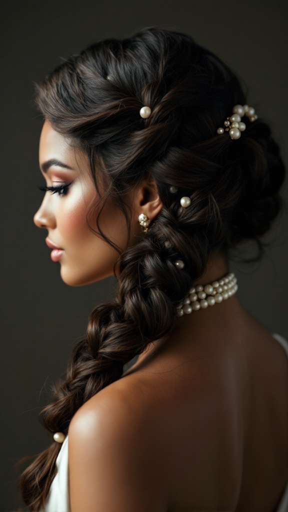 A side braid hairstyle featuring dark hair adorned with pearls, showcasing a glamorous look.