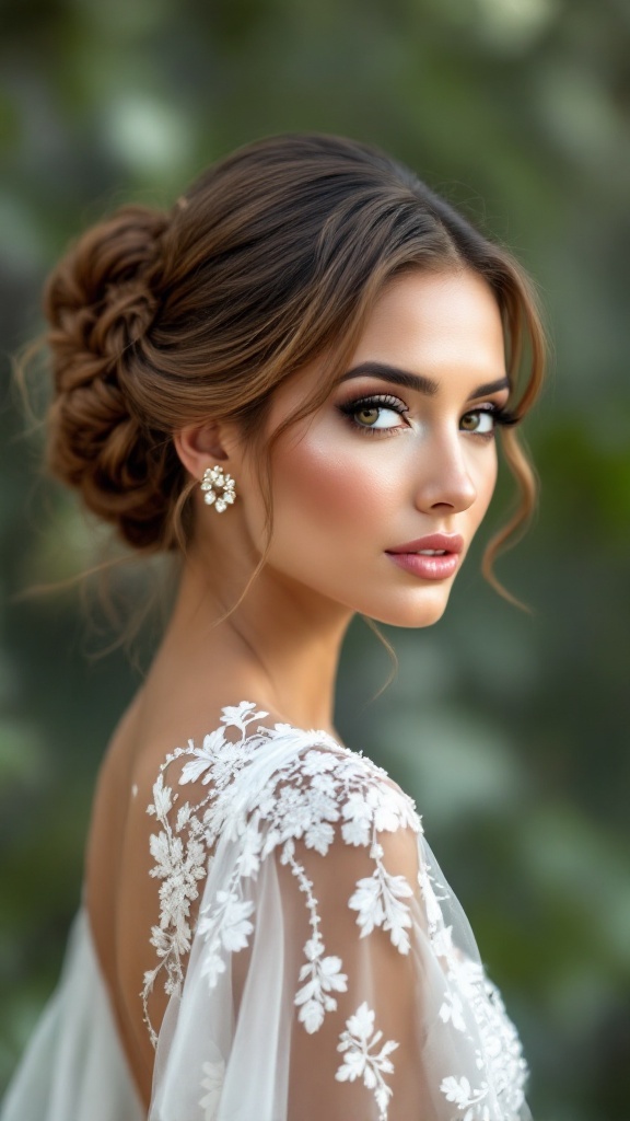 Bridal side bun hairstyle with accessories