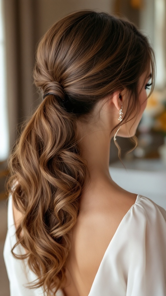 A woman with a glamorous side ponytail hairstyle featuring waves and a twisted base, wearing earrings.