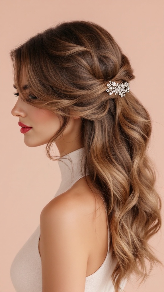 A woman with a glamorous side sweep hairstyle adorned with a rhinestone clip, wearing a high neck dress.