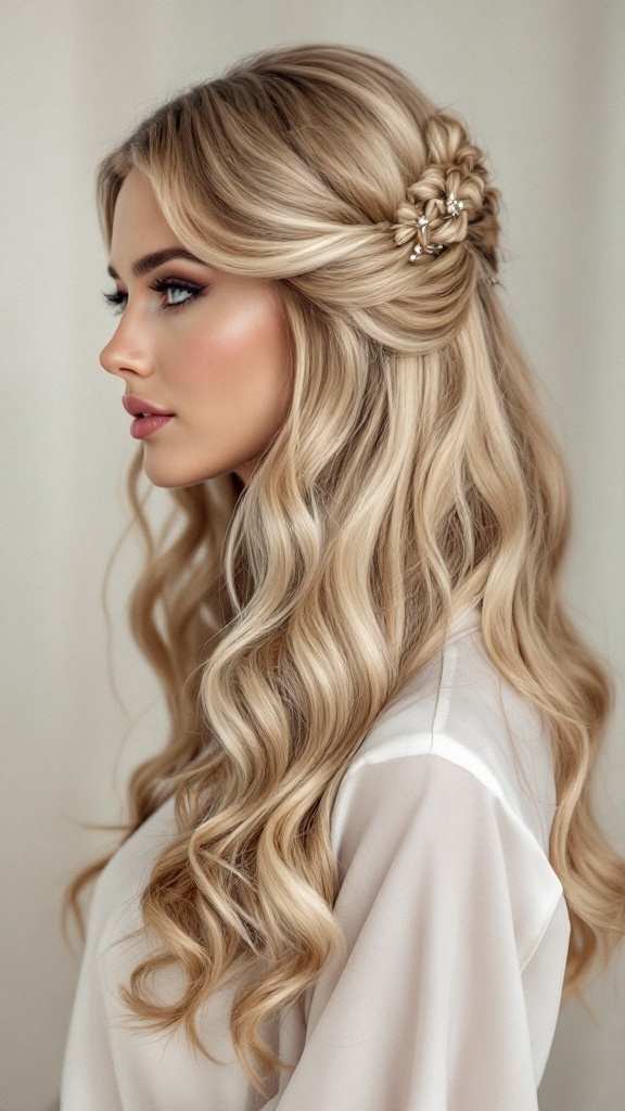 A woman with straight hair styled half up half down, featuring curls at the ends and elegant accessories.