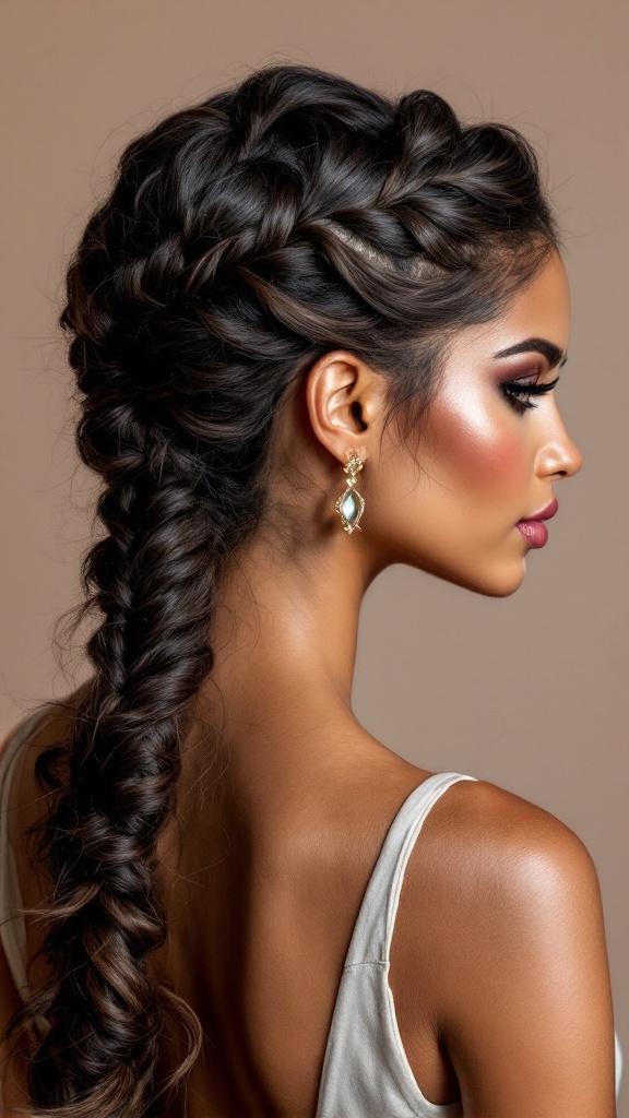 A woman with a twisted half up half down hairstyle, adorned with statement earrings.