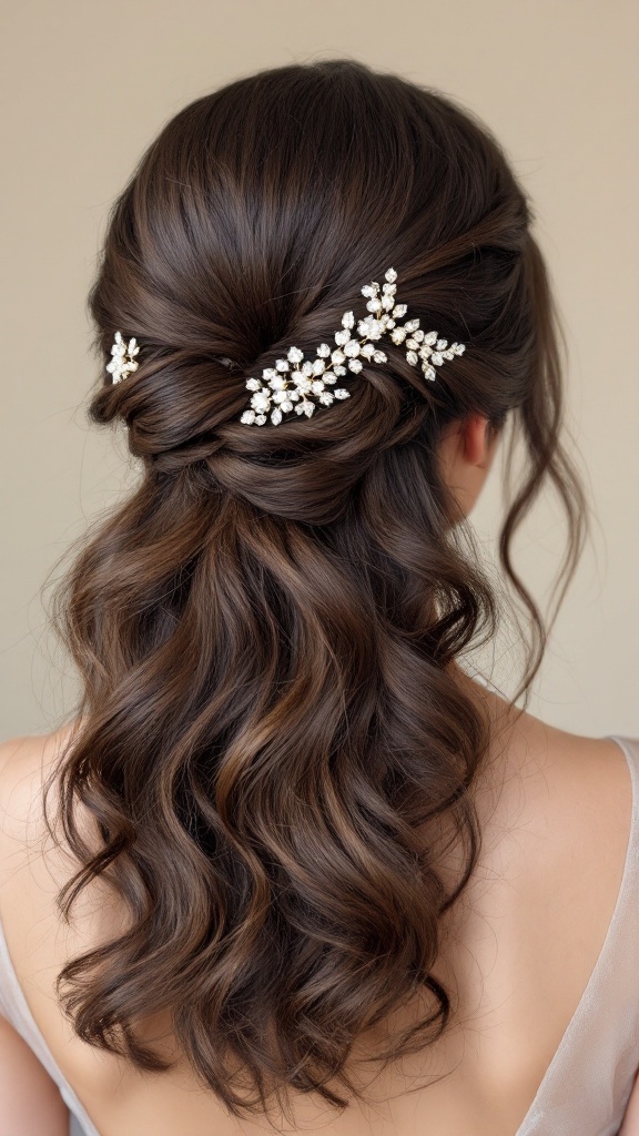 Half up half down wedding hairstyle with soft waves and beaded hairpins.